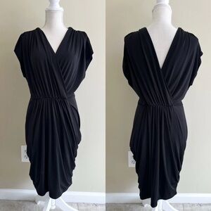 Fashion To Figure 1X Black Dress Strech Draped Short Sleeveless V-Neck V-Back